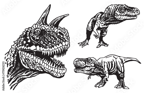 Graphical set of dinosaurs on white background, vector collection. Graphical elements for design and typography