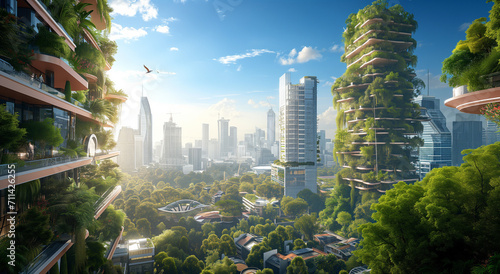 Green plants and gardens integrated with modern buildings in a smart city photo