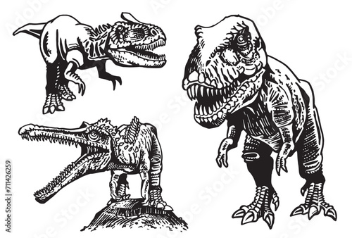 Graphical set of dinosaurs on white background, vector collection. Graphical elements for design and typography