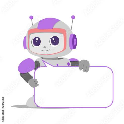 Technology and engineering concept with cute robot character. Artificial intelligence in science and business, smart machine concept. Cartoon illustration with futuristic bot with text field box