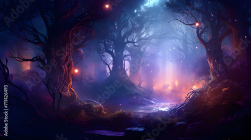 Fantasy forest scene with glowing a forest with a blue light and a forest with fireflies in the sky,,
Ethereal Forest Light Show"
