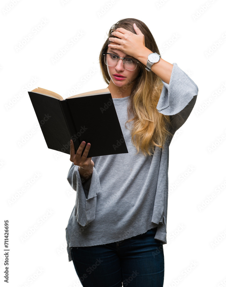Young beautiful blonde woman reading a book over isolated background stressed with hand on head, shocked with shame and surprise face, angry and frustrated. Fear and upset for mistake. Young beautiful blonde woman reading a book over isolated background stressed with hand on head, shocked with shame and surprise face, angry and frustrated. Fear and upset for mistake.