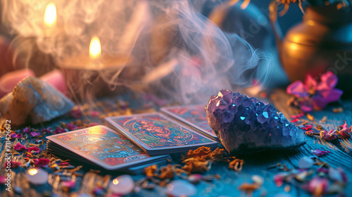 Tarot cards on the table with crystals, dry flowers and smoke . Blurred background. photo