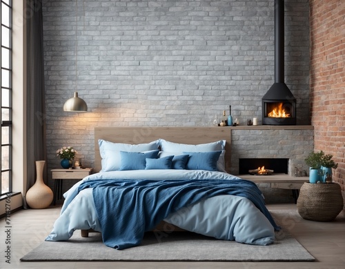 Bed with blue pillow and coverlet near fireplace. Loft interior design of modern bedroom with brick wall interior of bedroom with bed photo