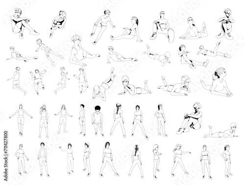 Female silhouettes set. Beautiful young girls with different poses isolated. Icons collection. Fitness and relaxation