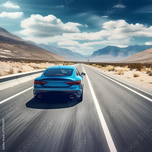 Beautiful blue car on the road surrounded by aesthetic mountains © MuhammadAhsan
