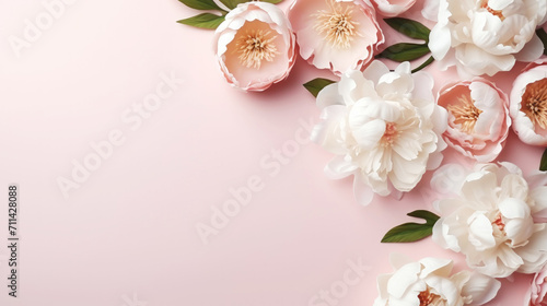 Aesthetic background frame with tender white and pink peonies. Copy space. Invitation or greeting concept. Generative AI