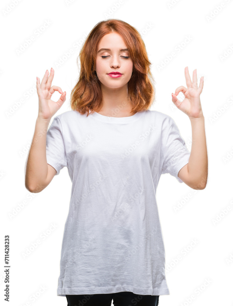 Young beautiful woman over isolated background relax and smiling with eyes closed doing meditation gesture with fingers. Yoga concept. Young beautiful woman over isolated background relax and smiling with eyes closed doing meditation gesture with fingers. Yoga concept.