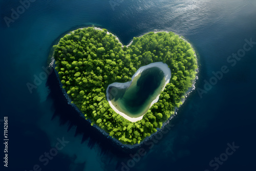 A heart surrounded by green nature and clear water to indicate love of nature, preserving the environment, and rejecting waste while using sustainable resources.