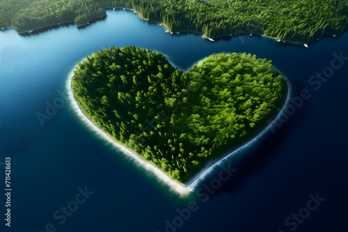 A heart surrounded by green nature and clear water to indicate love of nature, preserving the environment, and rejecting waste while using sustainable resources.
