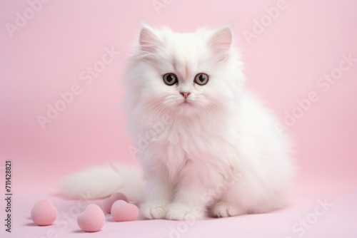 Portrait of a cute little domestic cat on a pink background with love hearts. © stopabox