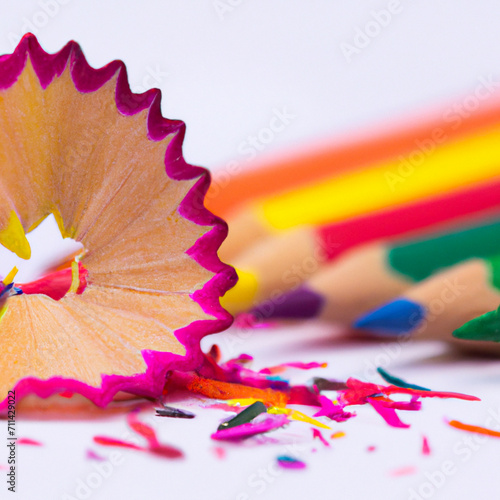 Crayons de différentes couleurs sur fond blanc. Morceaux de crayons taillés, copeaux. Dessin, art, artiste, coloré. Pour conception et création graphique. photo
