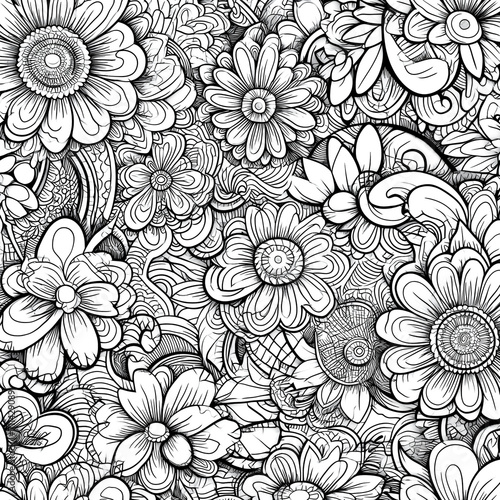 Monochrome Ornate Pattern with Floral Motifs. Hand drawn pattern with leaves and flowers. Doodles floral ornament.