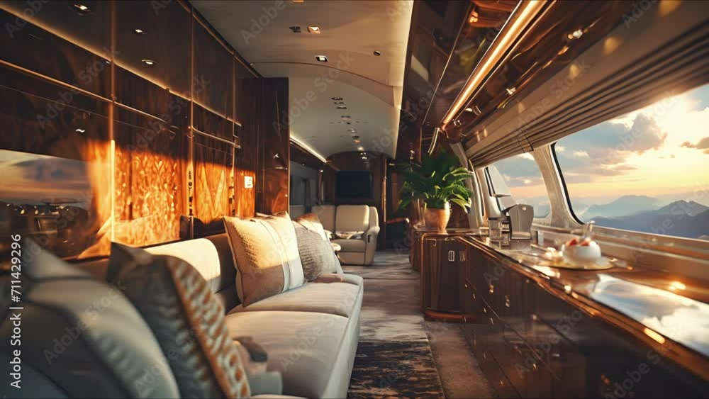 Indulge in the finest craftsmanship and remarkable views from every angle in this private jets cabin, designed with bespoke cabinetry and big breathtaking windows. Indulge in the finest craftsmanship and remarkable views from every angle in this private jets cabin, designed with bespoke cabinetry and big breathtaking windows.