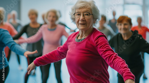 Joyful senior woman in pink leading a dance class with a group of elderly friends in a fitness center.
