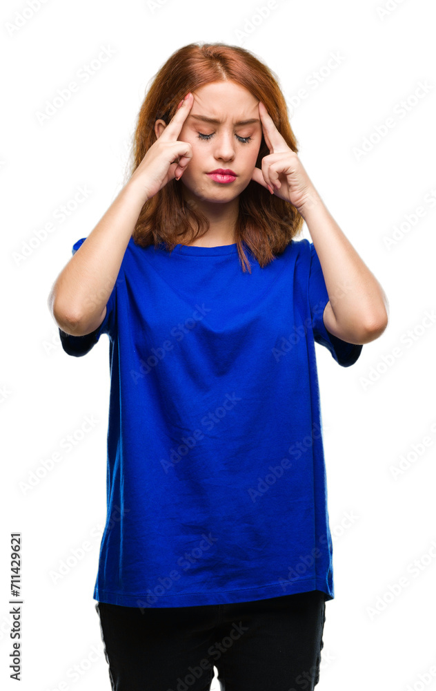 Young beautiful woman over isolated background with hand on head for pain in head because stress. Suffering migraine. Young beautiful woman over isolated background with hand on head for pain in head because stress. Suffering migraine.