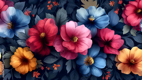 floral wallpaper background pattern in blue, red, yellow color