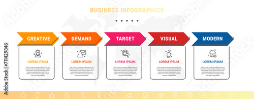 Vector concept of infographics with arrow business model for 5 successive steps. Five colorful timelines with rectangular elements. Modern design for brochure, and presentation
