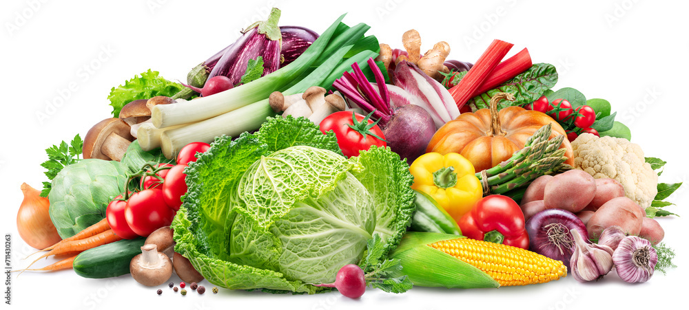 Plenty of fresh organic vegetables and herbs isolated on white background. Food background.