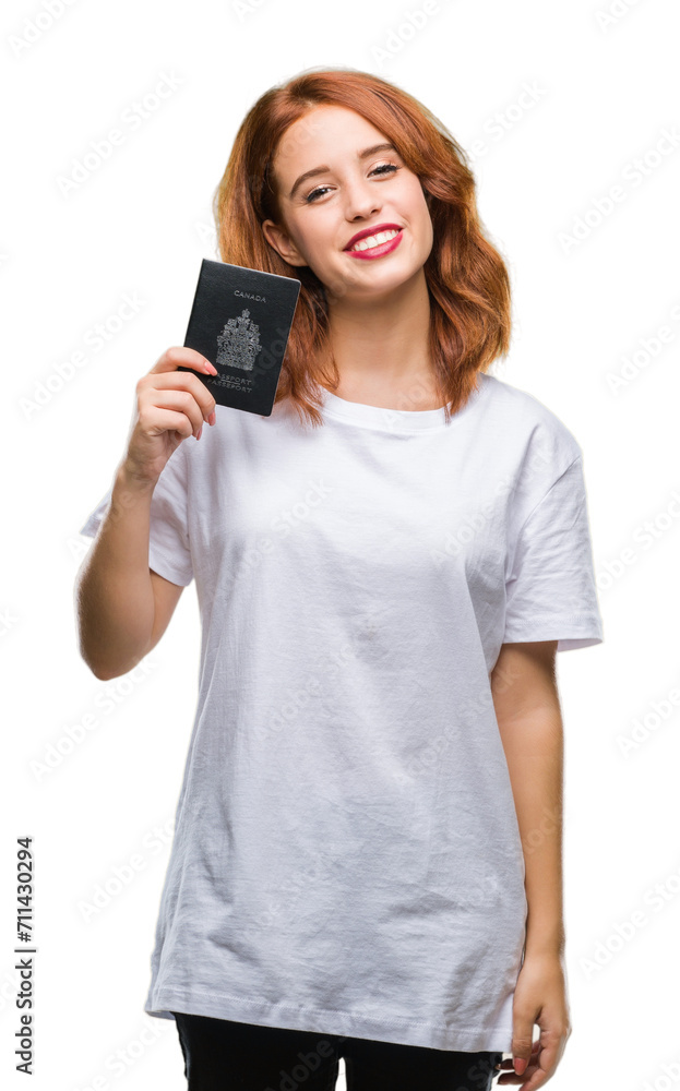 Young beautiful woman holding passport of canada over isolated background with a happy face standing and smiling with a confident smile showing teeth Young beautiful woman holding passport of canada over isolated background with a happy face standing and smiling with a confident smile showing teeth