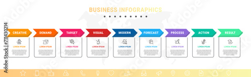 Vector concept of infographics with arrow business model for nine successive steps. 9 colorful timelines with rectangular elements. Modern design for brochure, and presentation
