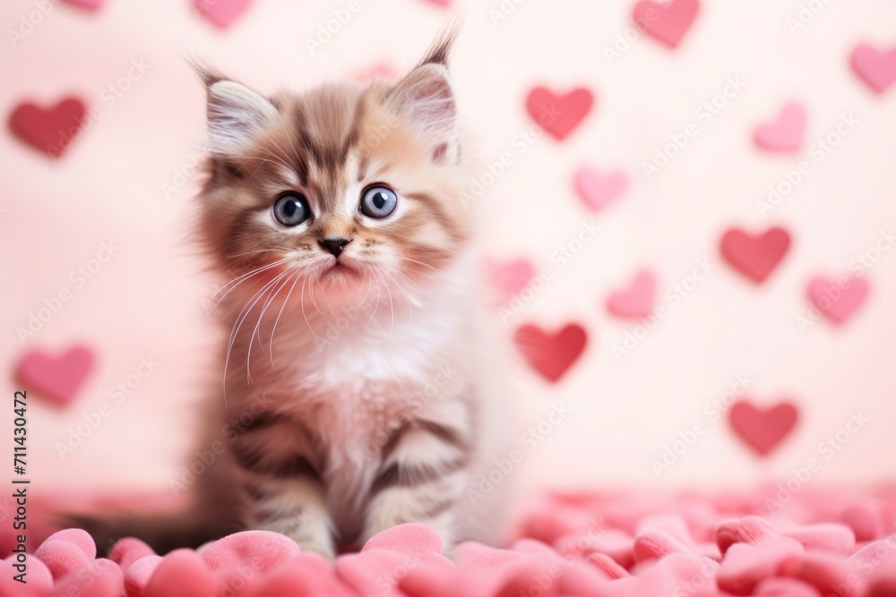 Portrait of a cute little gray stripped fluffy domestic cat on a red background with love hearts Portrait of a cute little gray stripped fluffy domestic cat on a red background with love hearts