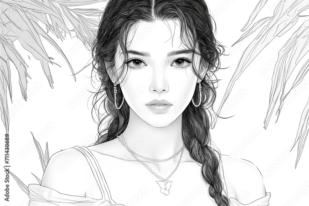 sketch of attractive young woman. For adult, children coloring book - obrazy, fototapety, plakaty 
