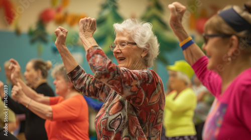 Senior woman with a bright smile participating in an energetic aerobics class with a group of active elderly.