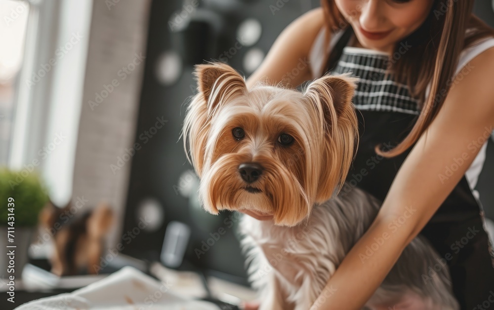 A young female professional groomer trimming a cute dog. Pet spa grooming salon A young female professional groomer trimming a cute dog. Pet spa grooming salon