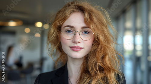 Mulher ruiva jovem de óculos usando um terno preto no escritório - Papel de parede photo