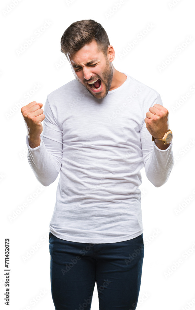 Young handsome man over isolated background very happy and excited doing winner gesture with arms raised, smiling and screaming for success. Celebration concept. Young handsome man over isolated background very happy and excited doing winner gesture with arms raised, smiling and screaming for success. Celebration concept.