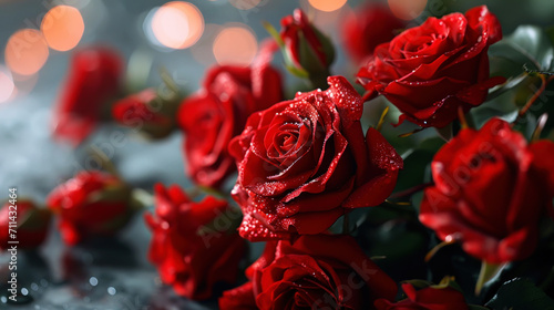 Close up of red roses bouquet on blurred sparkling backdrop. Love romantic concept. Valentine s day. Generative AI