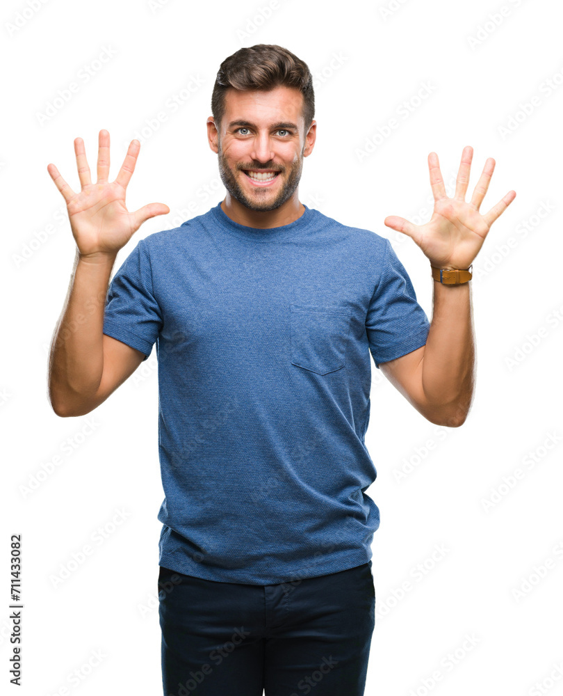 Young handsome man over isolated background showing and pointing up with fingers number ten while smiling confident and happy. Young handsome man over isolated background showing and pointing up with fingers number ten while smiling confident and happy.