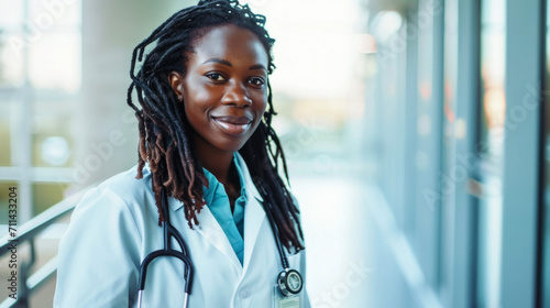 Smiling young African American woman doctor with dreadlocks. Medicine service and health care concept. Generative AI
