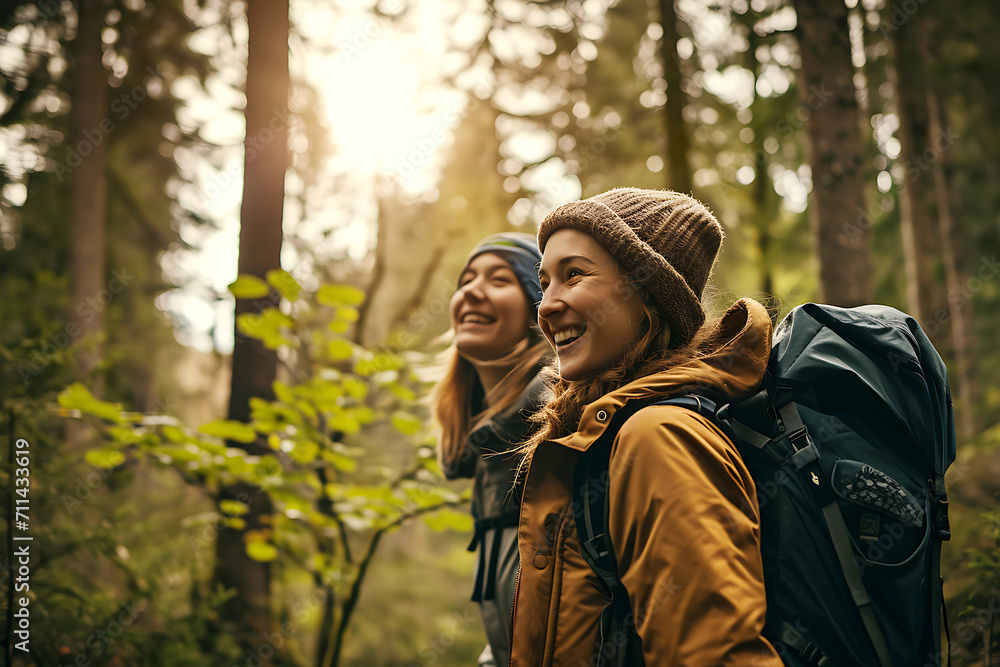 Two Happy Smiling Girl Enjoying Forest Hike. Two joyful young women stand in the middle of a dense forest in hiking gear and backpacks. The girls look up and smile. Hike concept. Horizontal photo