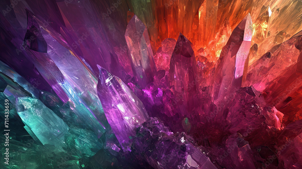 Chromatic Crystal Caverns: An abstract background that simulates the interior of crystalline caverns, with refracted light casting a spectrum of colors onto the walls and formations