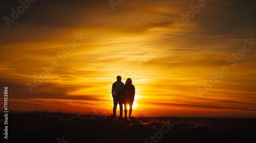 Couple silhouetted against a breathtaking sunset, capturing the essence of love and togetherness. The warm, golden hues in the sky evoke a sense of romance, drawing inspiration from the romantic lands