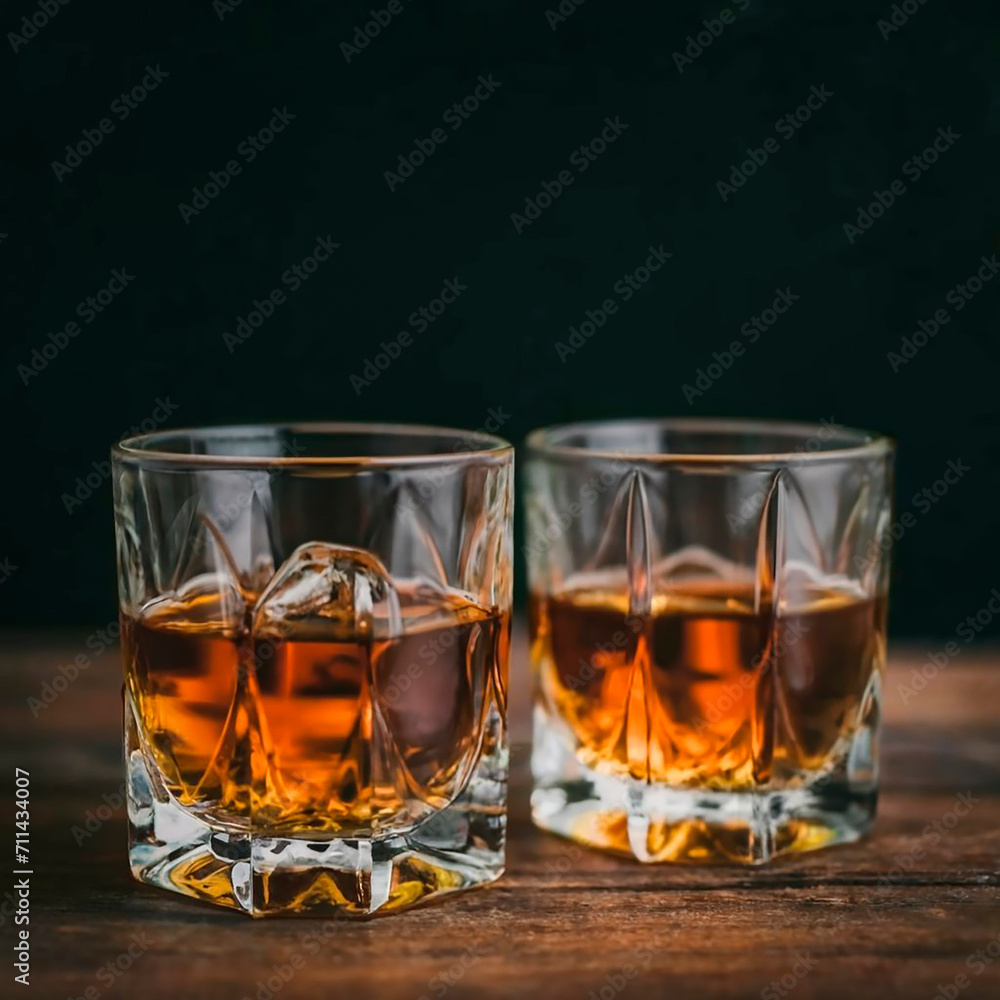 Two glasses of whiskey or cognac with ice on a dark background