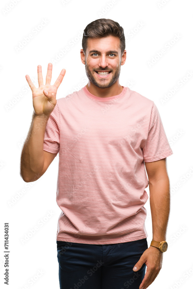 Young handsome man over isolated background showing and pointing up with fingers number four while smiling confident and happy. Young handsome man over isolated background showing and pointing up with fingers number four while smiling confident and happy.