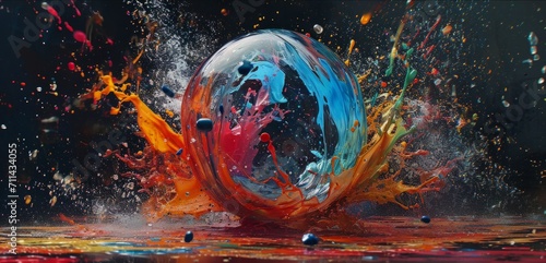 A dynamic composition featuring a burst of vibrant paint exploding from a shattered glass sphere, representing the release of impurity. The chaotic yet controlled chaos. 