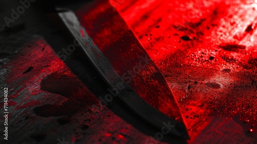 A dramatic close-up of a blood-stained knife, casting ominous shadows. 