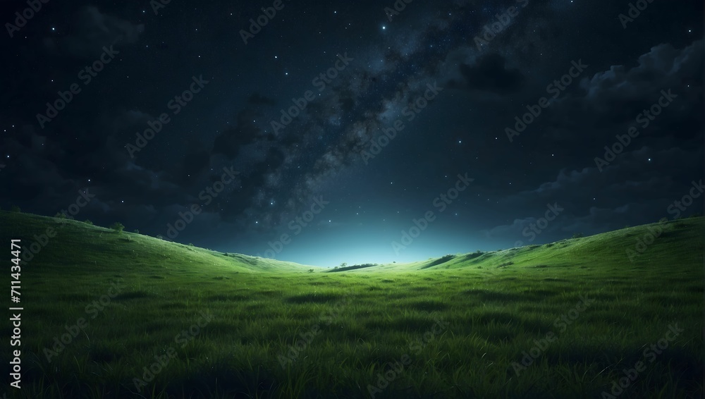 point of view from the ground of a grassy pasture landscape at midnight, realistic, high contrast, 4k, ultra detailed.  generative AI - obrazy, fototapety, plakaty 