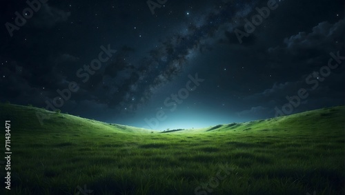 point of view from the ground of a grassy pasture landscape at midnight, realistic, high contrast, 4k, ultra detailed.  generative AI photo