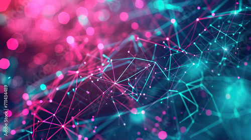 Cybernetic Matrix: An abstract background inspired by cybernetics and digital networks, with a matrix of interconnected nodes and lines in electric shades of neon pink, laser lime