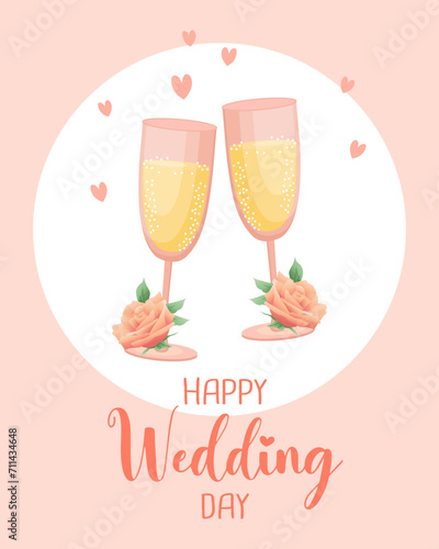 Wedding card. Glasses with champagne  flowers and hearts. Greeting template  invitation  vector