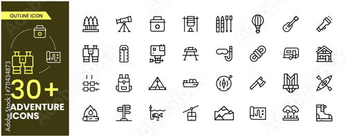 Adventure outline icon set. Containing hike, campfire, snorkeling, climbing, travel and canoeing icons. Outdoor activity concept. Outline icon collection.
