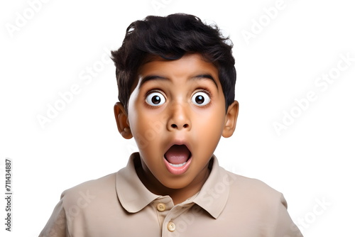 portrait with shocked face of an indian child boy isolated on white background