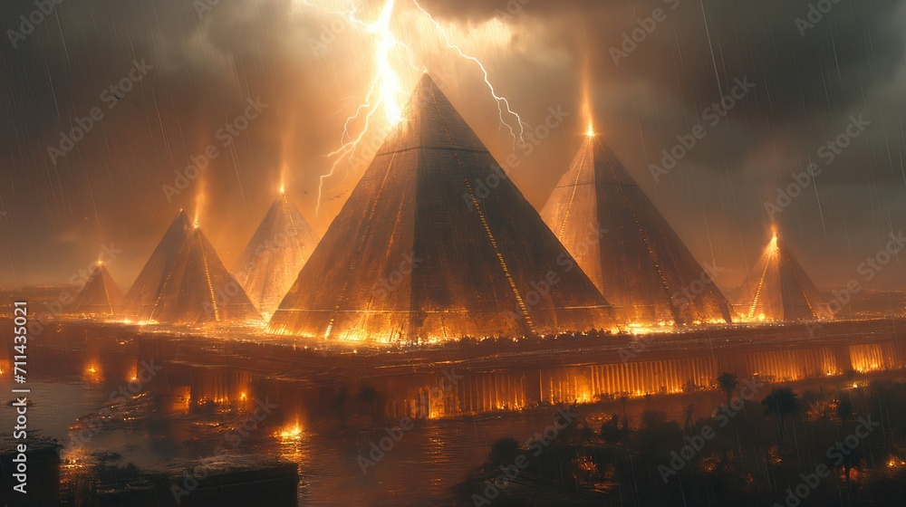 Egyptian pyramid in water with lightning in the background, Generative AI