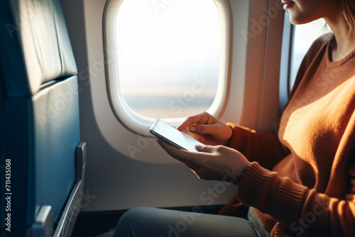 Woman or businesswoman with hand holding smartphone on airplane seat next to airplane window. Communication or entertainment media. Travel and transportation. Copy space. Soft focus and blurred.