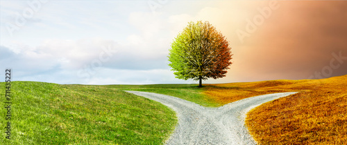 Weggabelung auf einem Weg durch durch eine Hügellandschaft